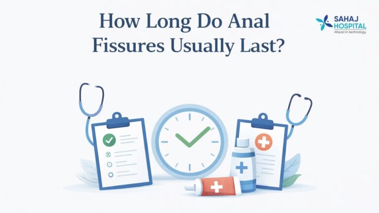 Minimal medical banner showing healing time of anal fissures with clock and treatment icons